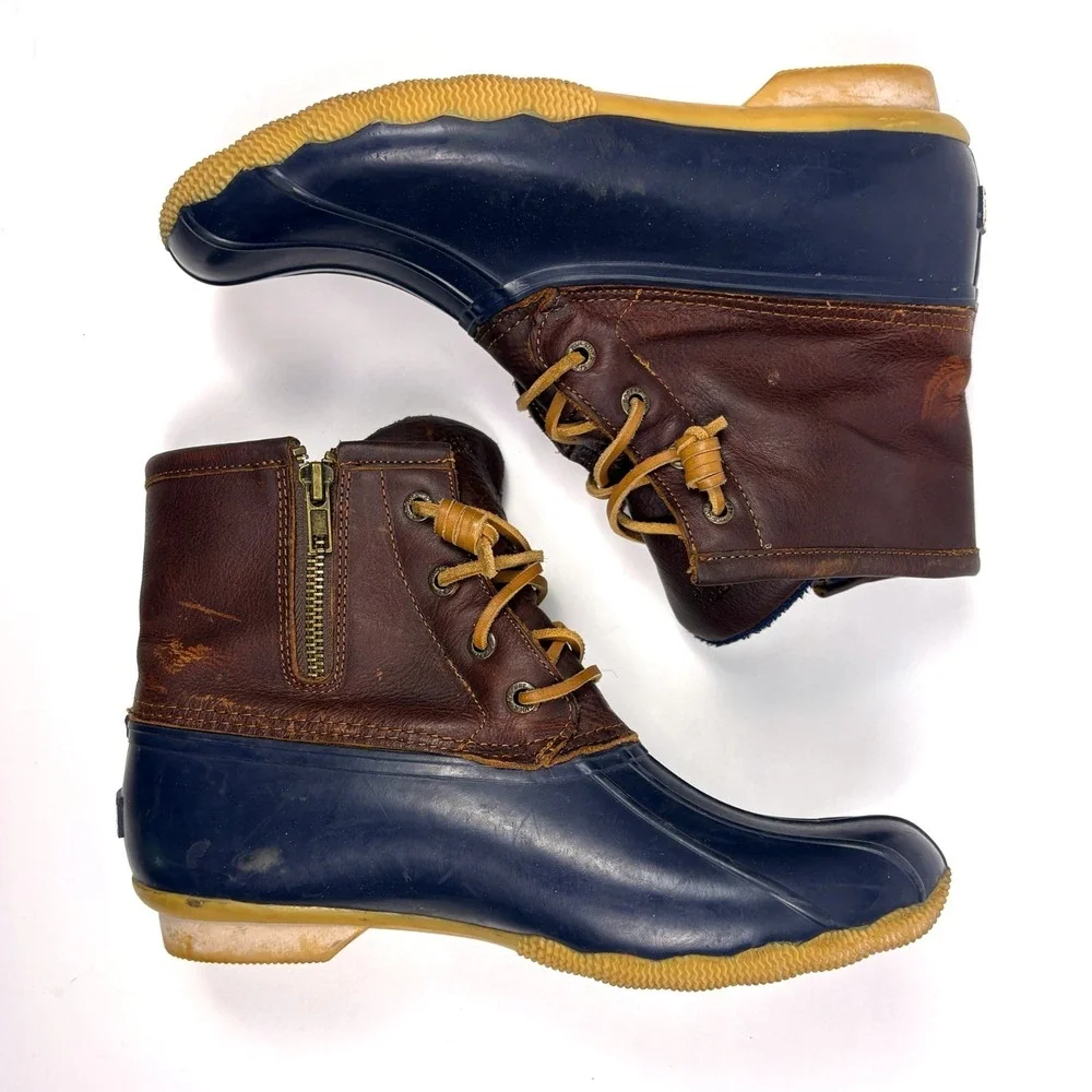 Sperry Saltwater Duck Boots‎ Womens Sz 8.5 Blue Brown Waterproof Rubber Leather